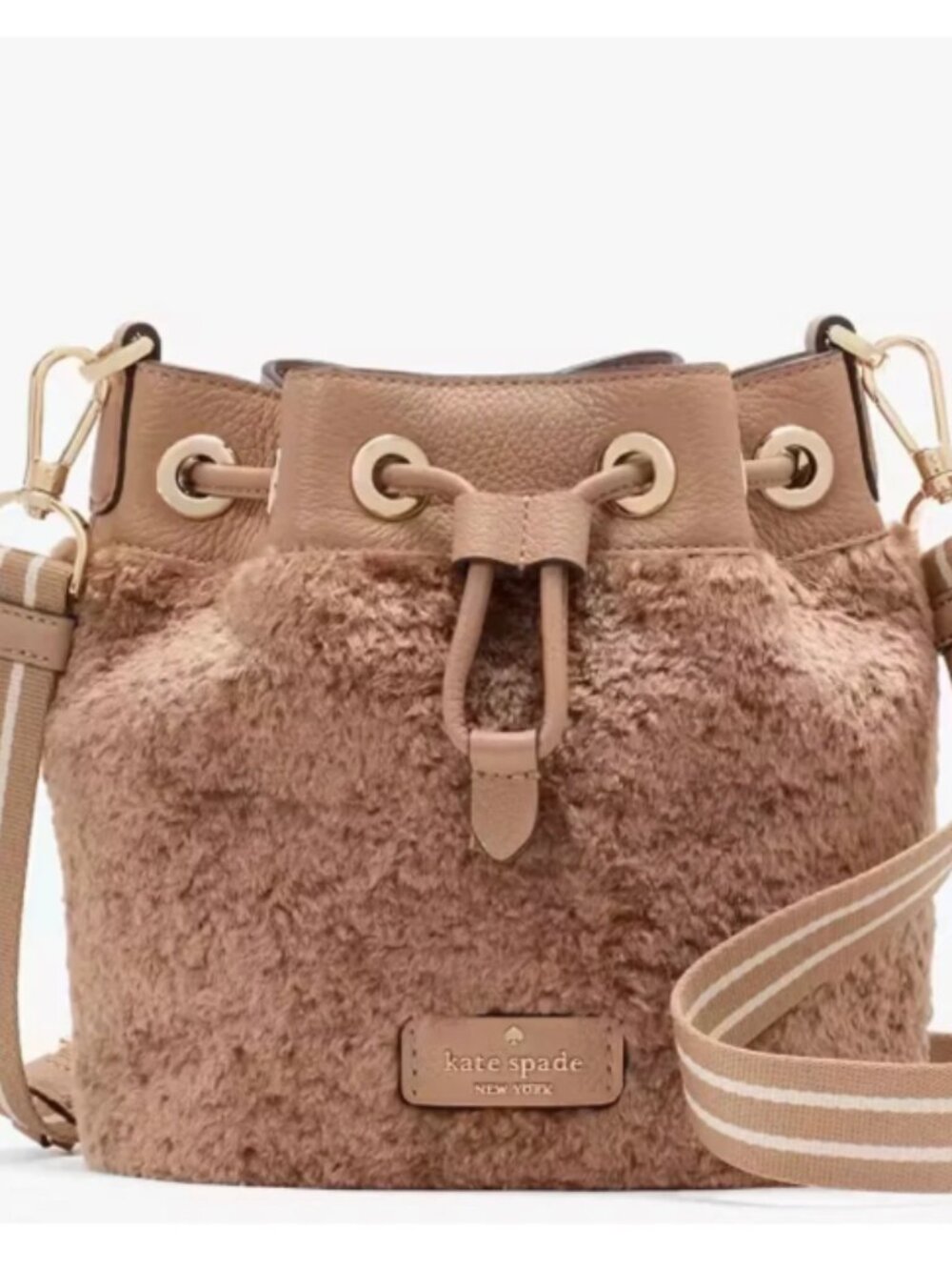 Kate Spade Rosie Mini Bucket Faux Fur Light Fawn Crossbody Bag Purse NEW